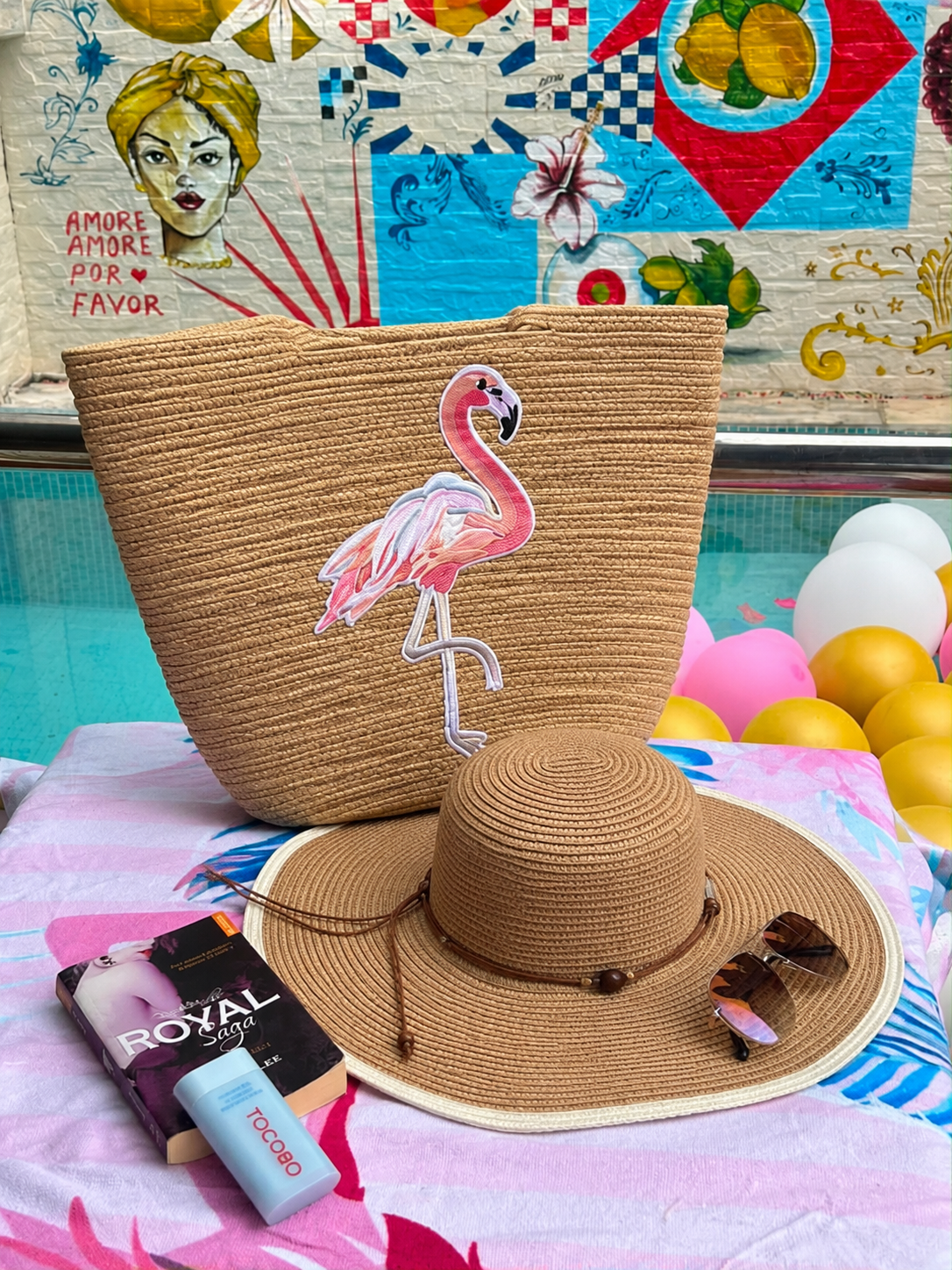 Grand sac Flamant rose avec chapeau Beige