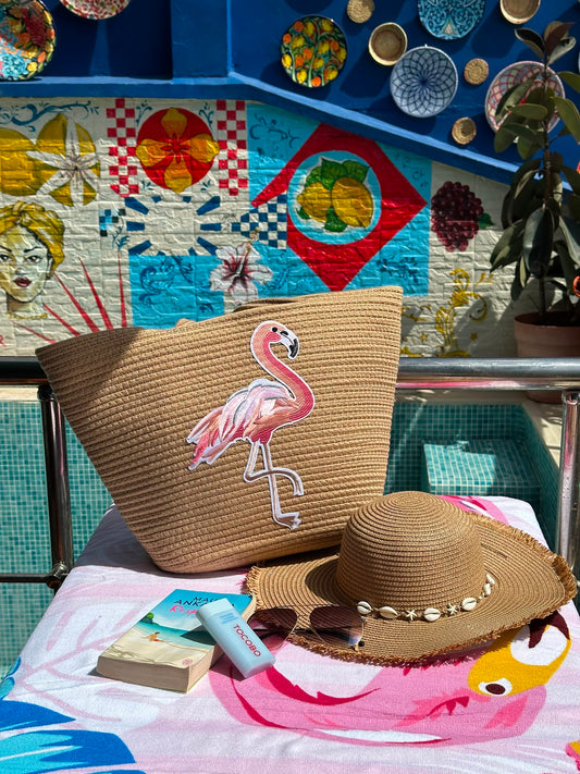Grand sac Flamant rose avec chapeau Beige